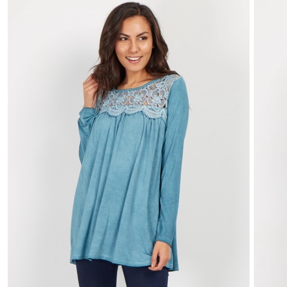 Pinkblush Tops - Pinkblush Teal Floral Crochet Neck Top Pinkblush Tops - Pinkblush Teal Floral Crochet Neck Top